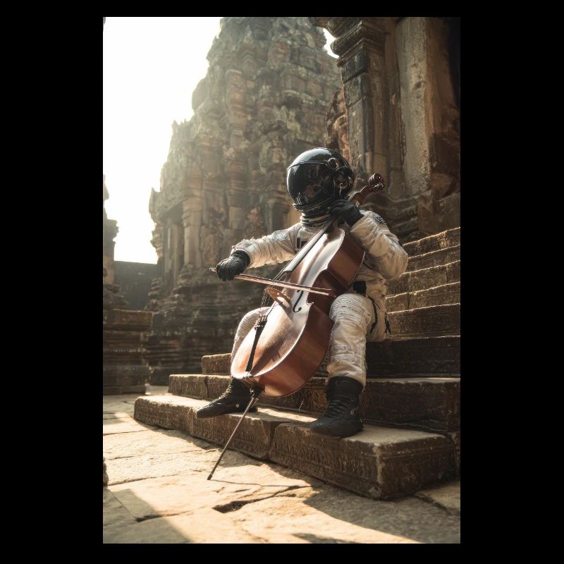 Astronaute jouant du violoncelle sur des marches antiques