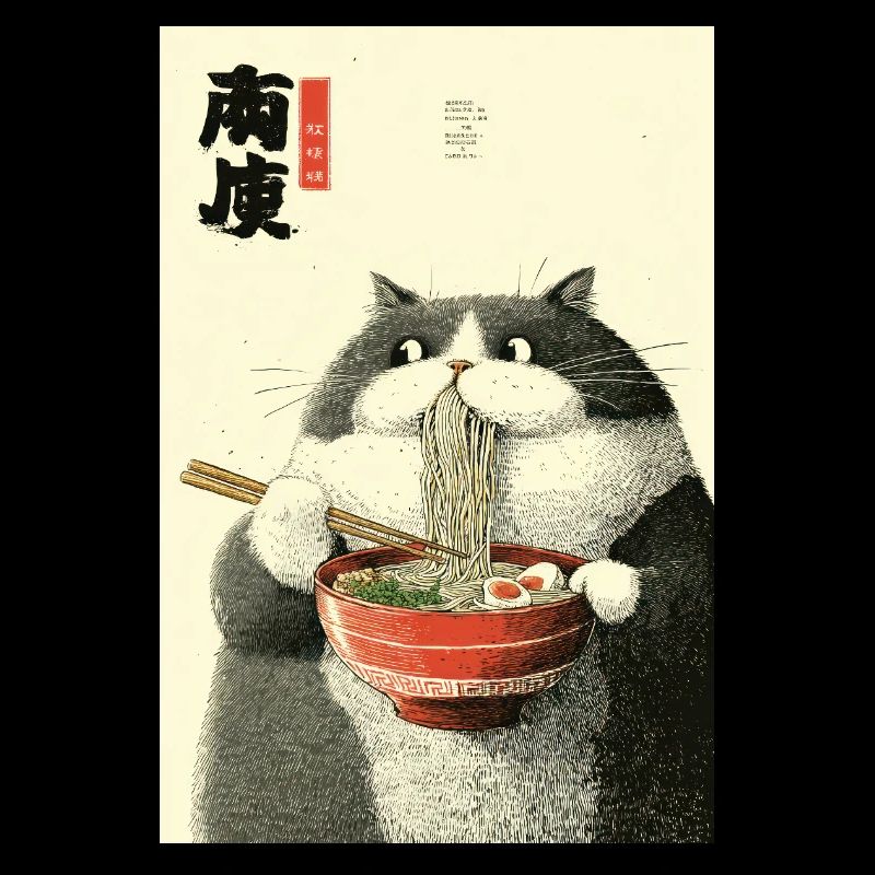 Moonlit Cat Slurping Ramen