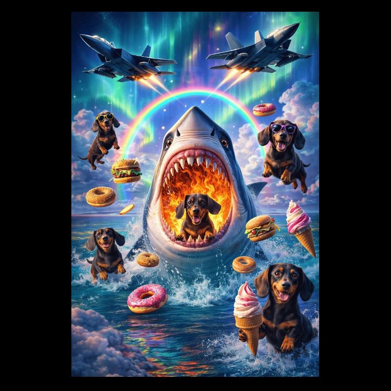 Requin, chiens et beignets – Scène surréaliste
