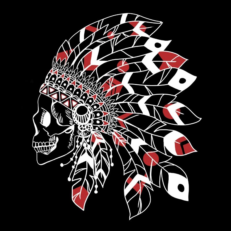 crâne avec une coiffe indienne blanc et rouge