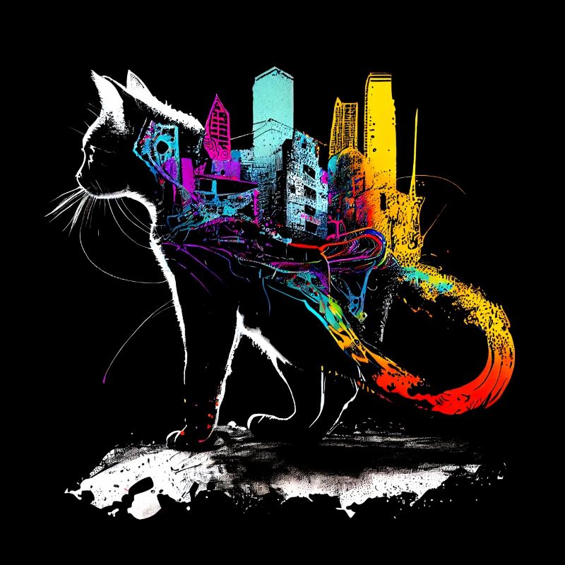 Chat avec une ville colorée sur le dos