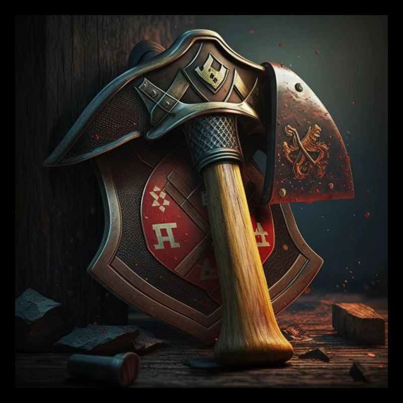 Fire brigade axe in front of a badge