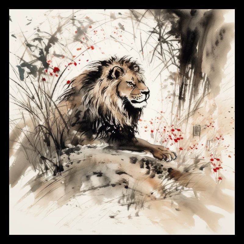 Illustration à l’aquarelle d’un lion dans la jungle