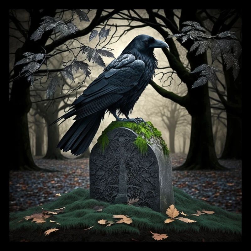 Corbeau noir sur pierre tombale, illustration