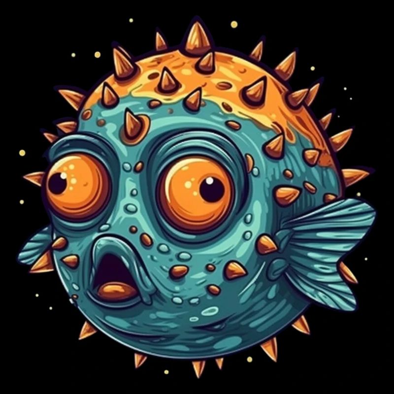 Funny puffer fish with spines that squints humor