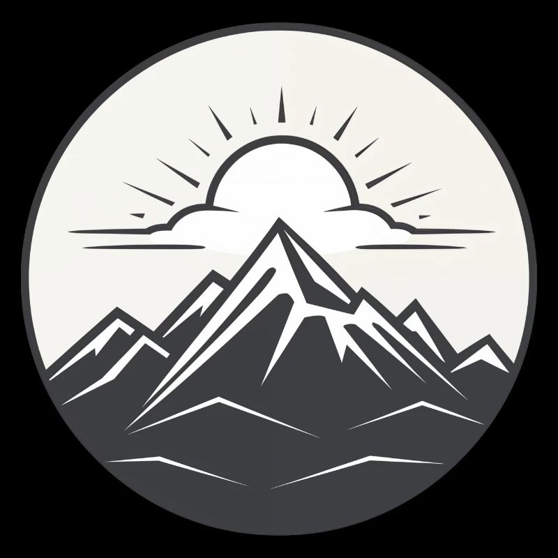 Minimalistisch gezeichnete Berge, Sonne und Wolken