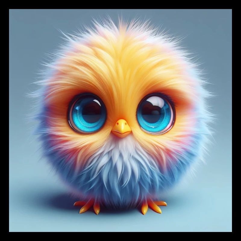 Fluffy 3d chick with big eyes in blue