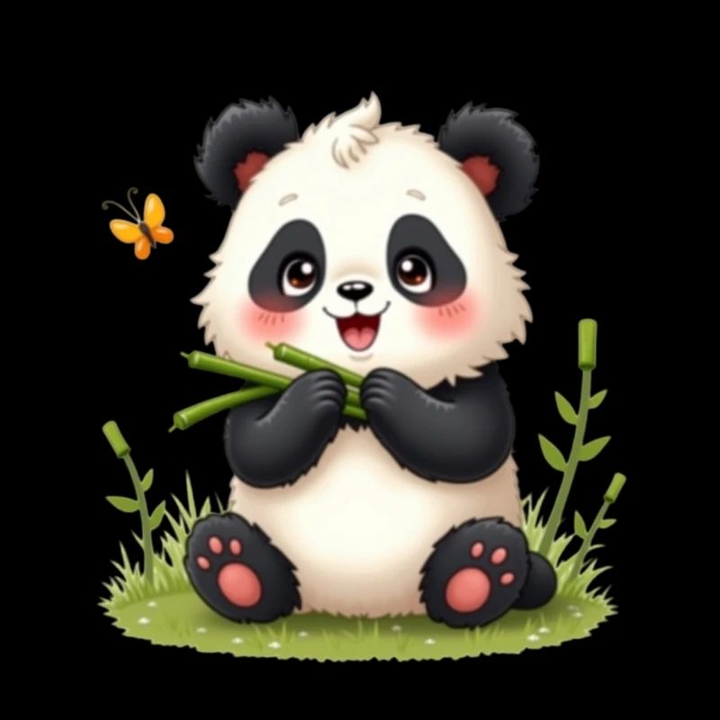 Mignon panda de dessin animé avec bambou et papillon