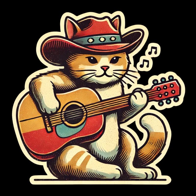 Cat with cowboy hat playing guitar