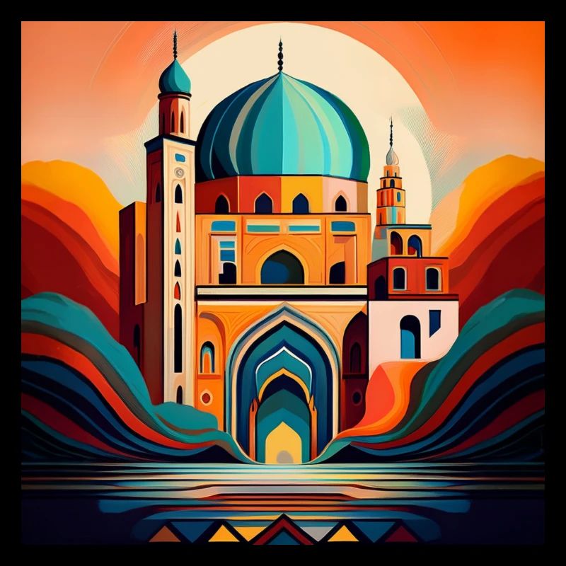 Artistic Mosque Under Sunset: Bold Islamic Design