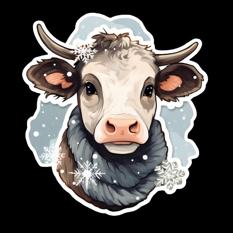 Rind im Winter mit Schal und Schneeflocken