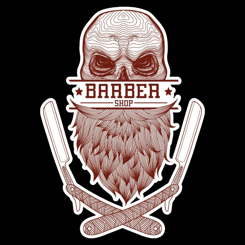 A skull with a beard, framed by razor blades.