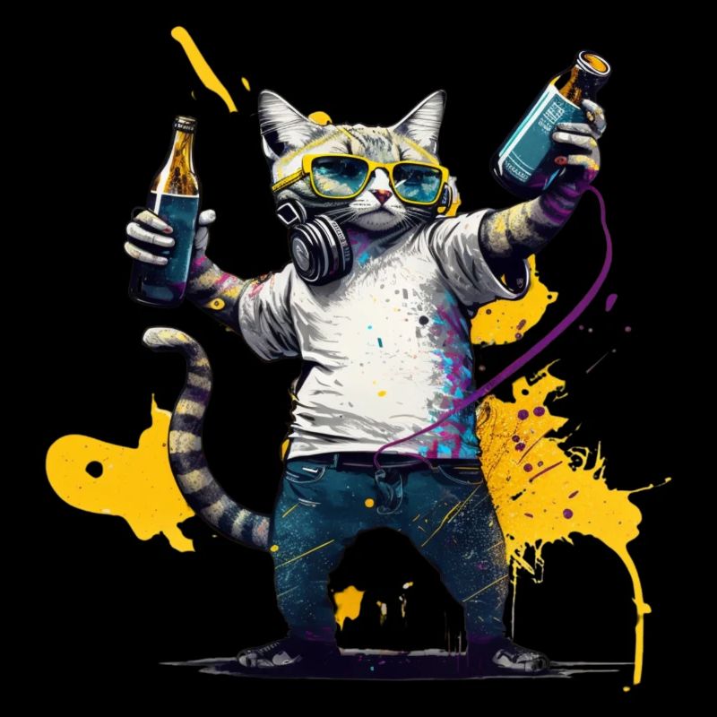 Coole Katze mit Kopfhöhrern und Bier