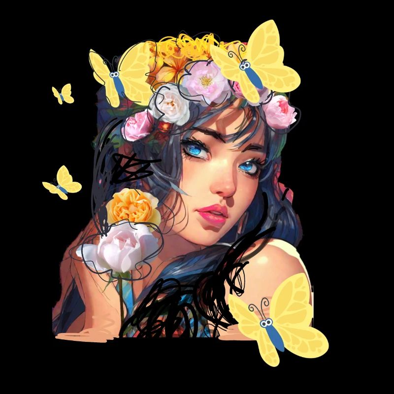 Femme, fleurs, Asiatique, illustration, papillon