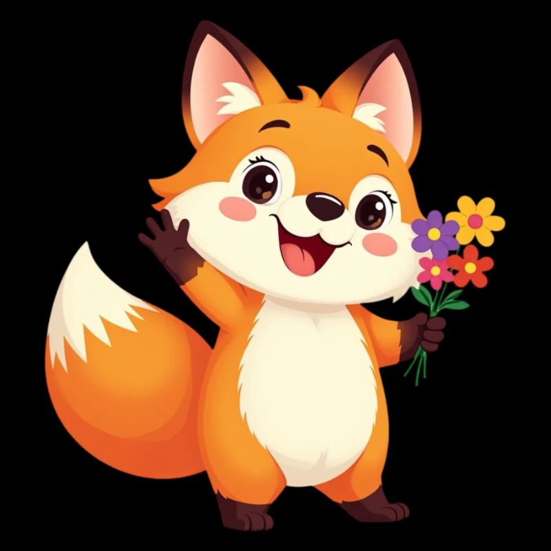 Renard de dessin animé joyeux avec bouquet de fleurs