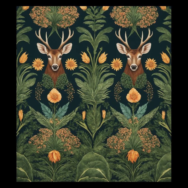 Symmetrical pattern with deer and flowers