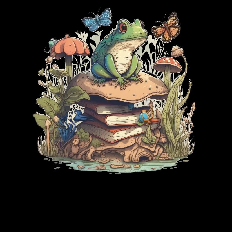 White Cottagecore Aesthetic Mushroom Frog Reading