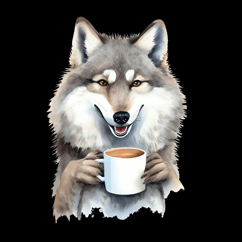 Wolf with coffee watercolor style