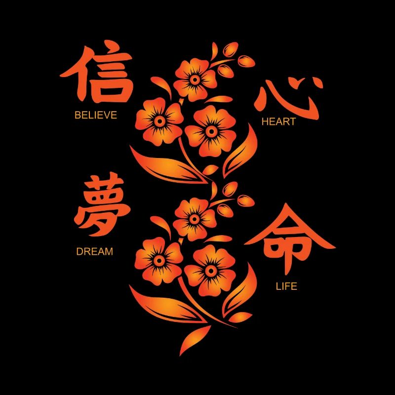 Caractères japonais imprimés au dos et fleurs
