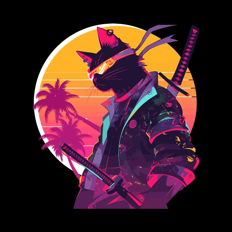 Cat Samurai 80's Vintage Style