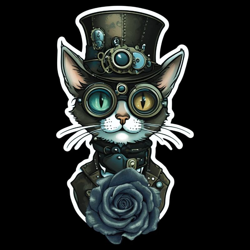 Steampunk Cat Black Rose Gothic