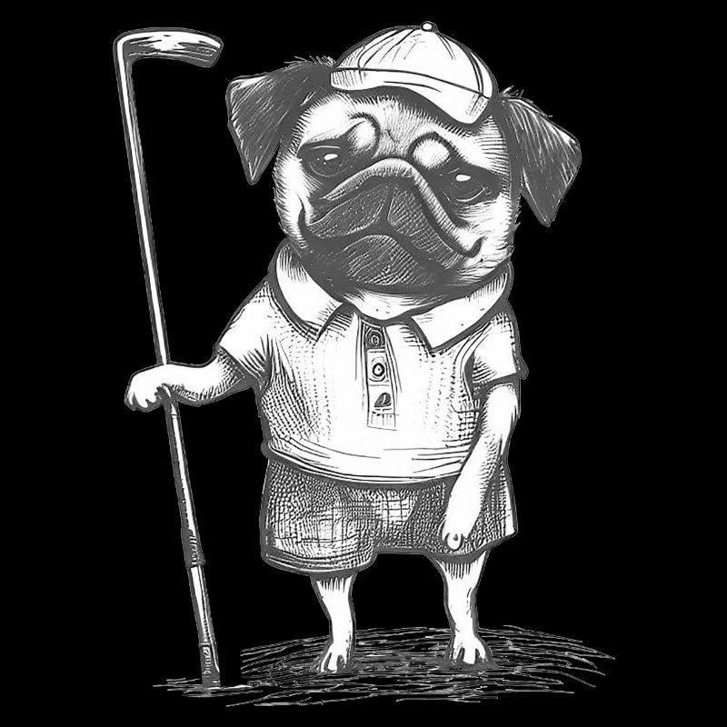 Mops Golfer Bleistiftzeichnung