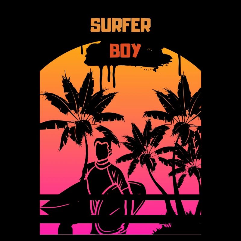 Surfboard with Sunset Surfer Man - Palm Trees