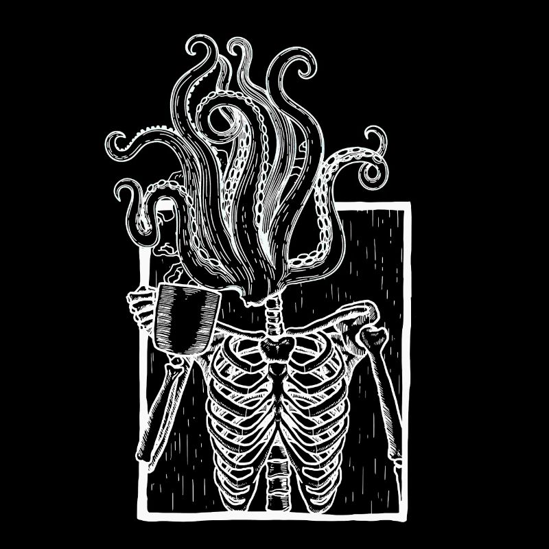 Coffee-drinking skeleton with tentacle head