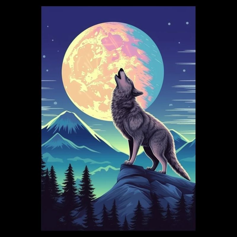 Forest with Full Moon and Howling Wolf