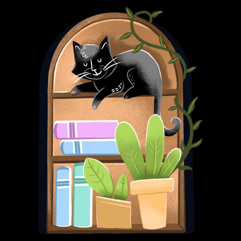 Cat on a dome shaped Bookshelf with plants