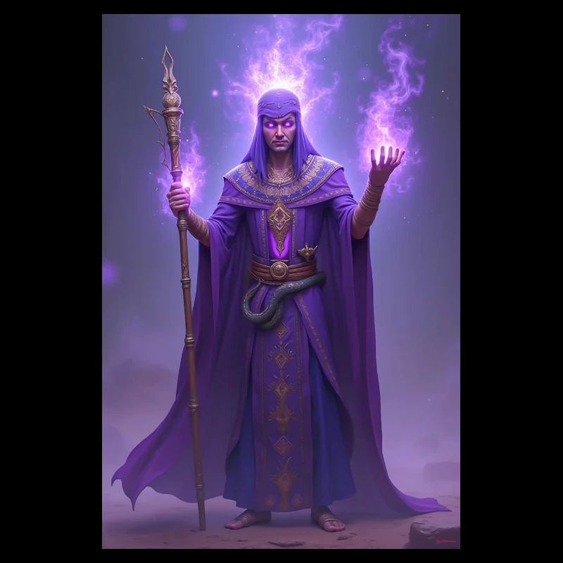Heka, glowing staff in hand, summoning magic