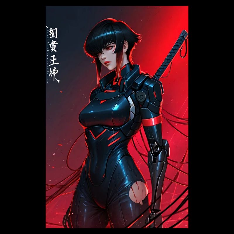 Samouraï cyberpunk câblé rouge avec Katana