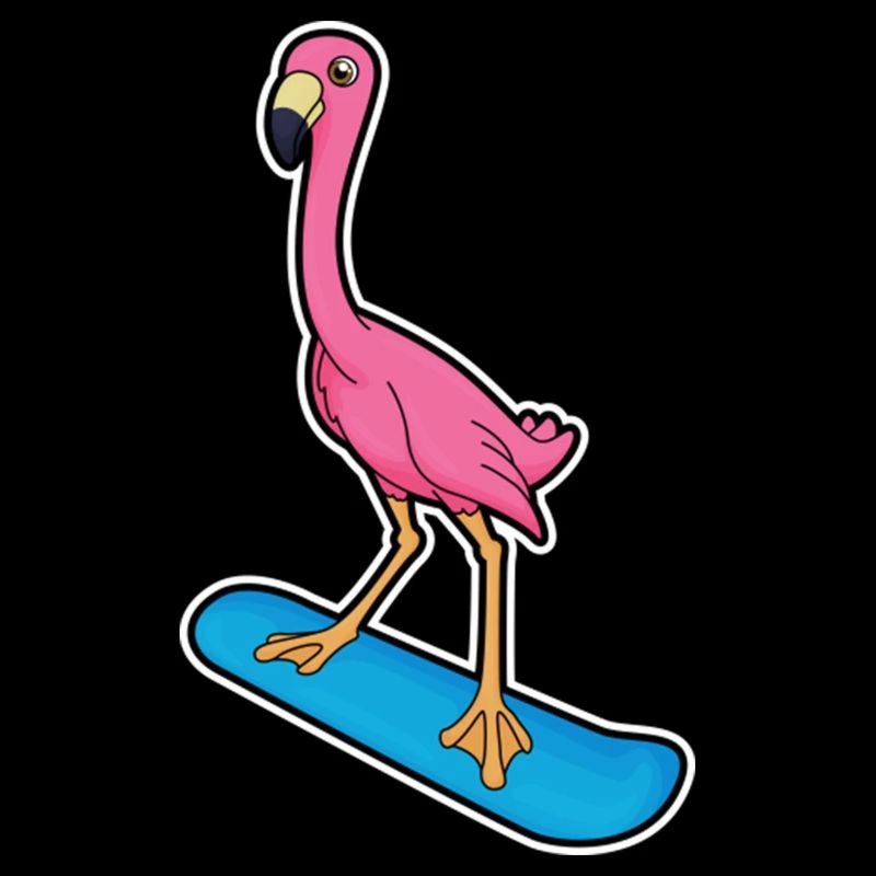 Flamingo als Snowboarder mit Snowbaord