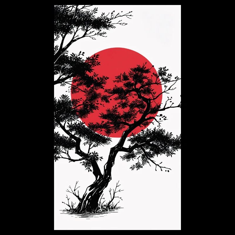 Manga-Style Dark Tree with Red Sun