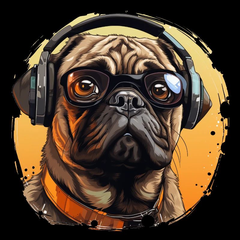 Mops mit Sonnenbrille und Kopfhörer