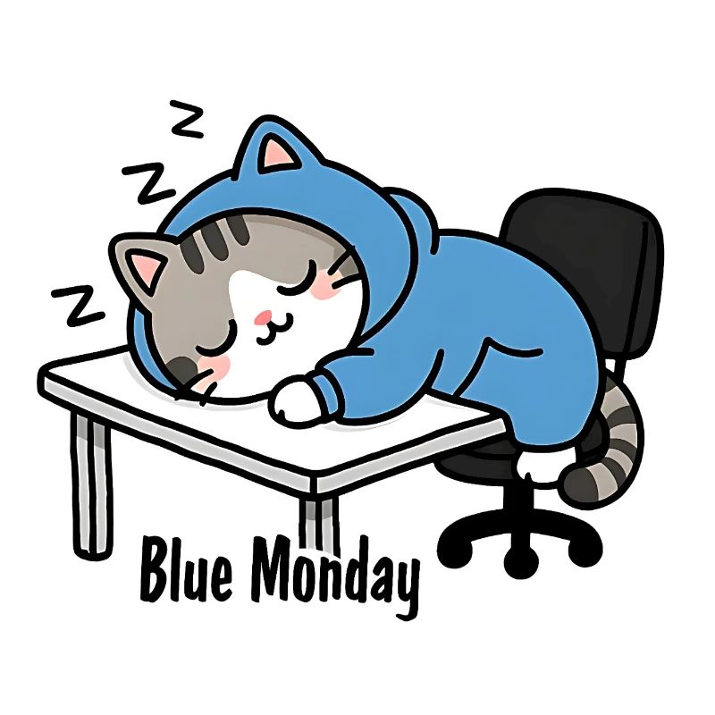 Sleeping cat at work, blue monday