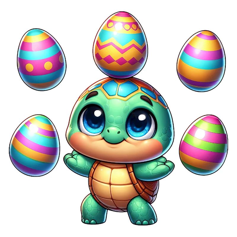 Turtle juggles colorful Easter eggs