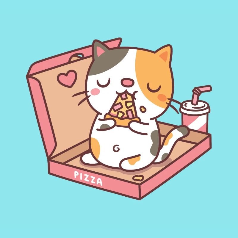 Mignon chat mangeant pizza dans la boîte à pizza