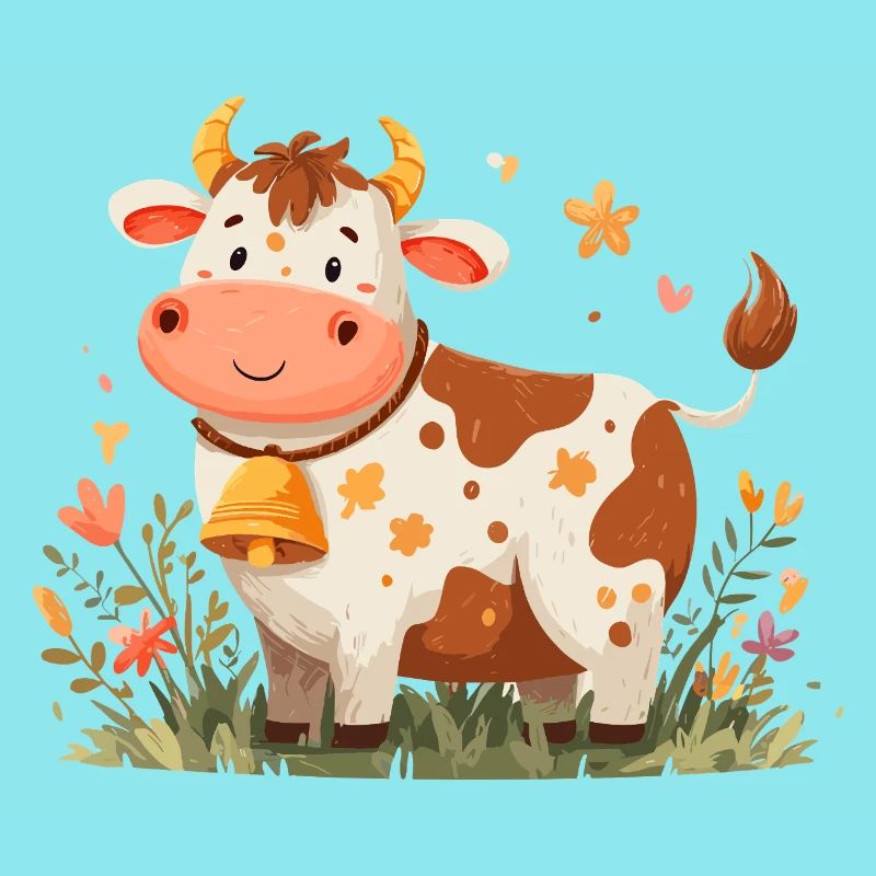 Vache avec clochette dans un champ de fleurs