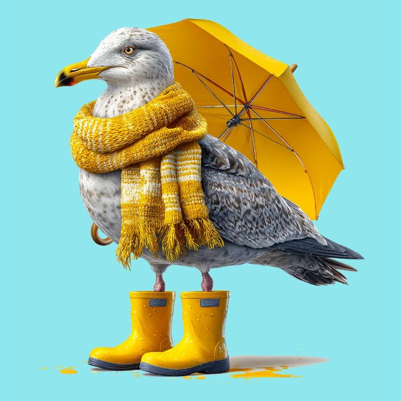 Seemöwe mit Gelbem Regenschirm und Boots