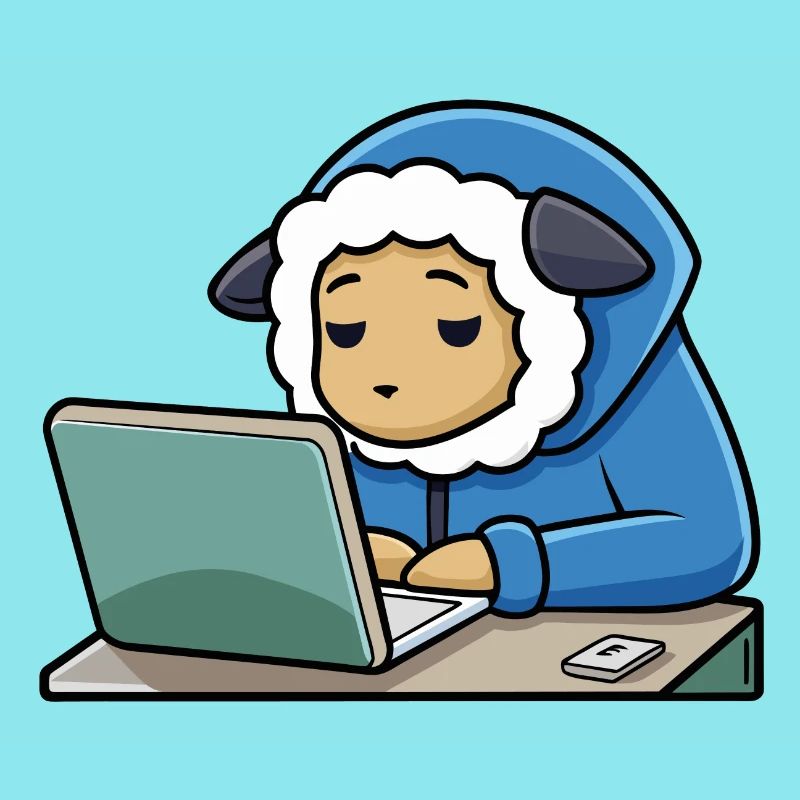 Un mignon mouton hacker dort dans un sweat à capuche devant le PC