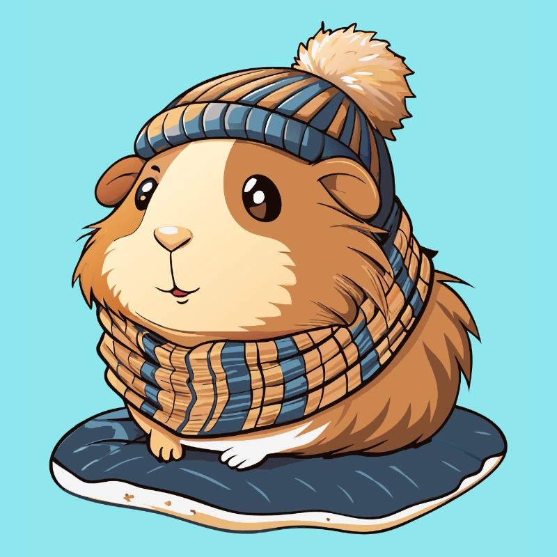 Mignon cochon d’Inde avec écharpe et chapeau à pompon.