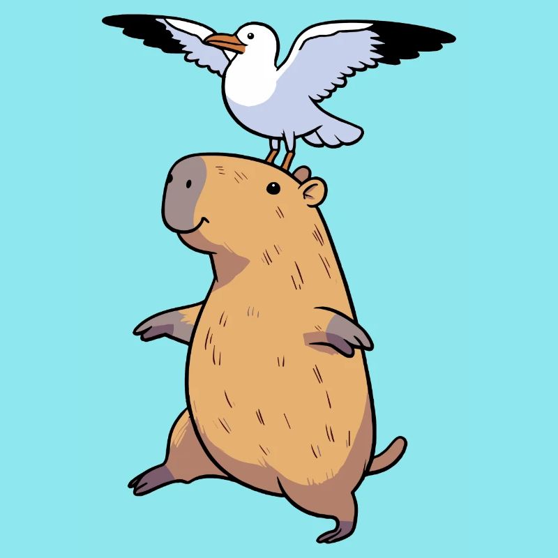 Comic Capybara Watershine with Seagull on Back