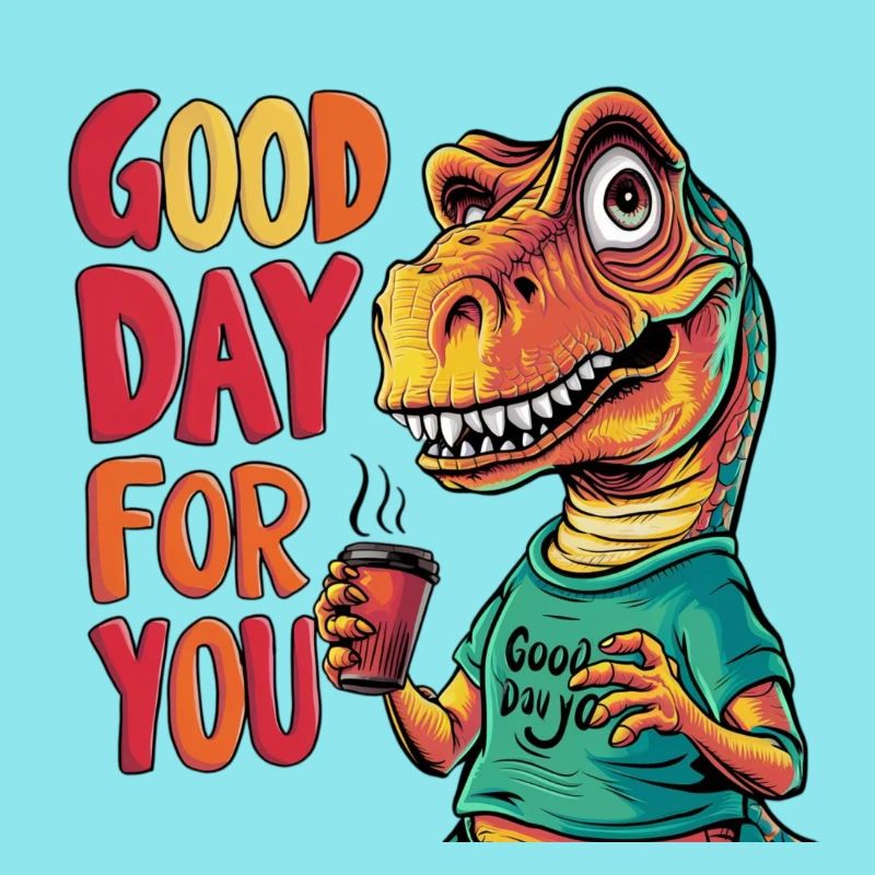 Design shows cool dinosaur holding a coffee mug