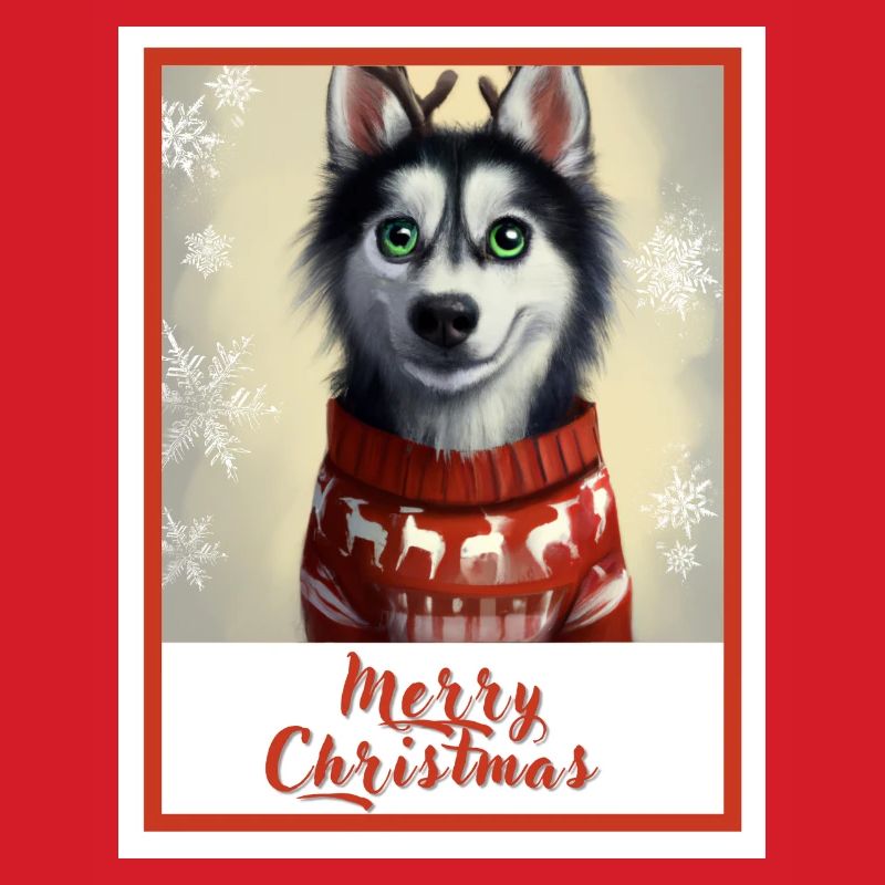 Junger Husky im Weihnachtspullover mit Rentieren.