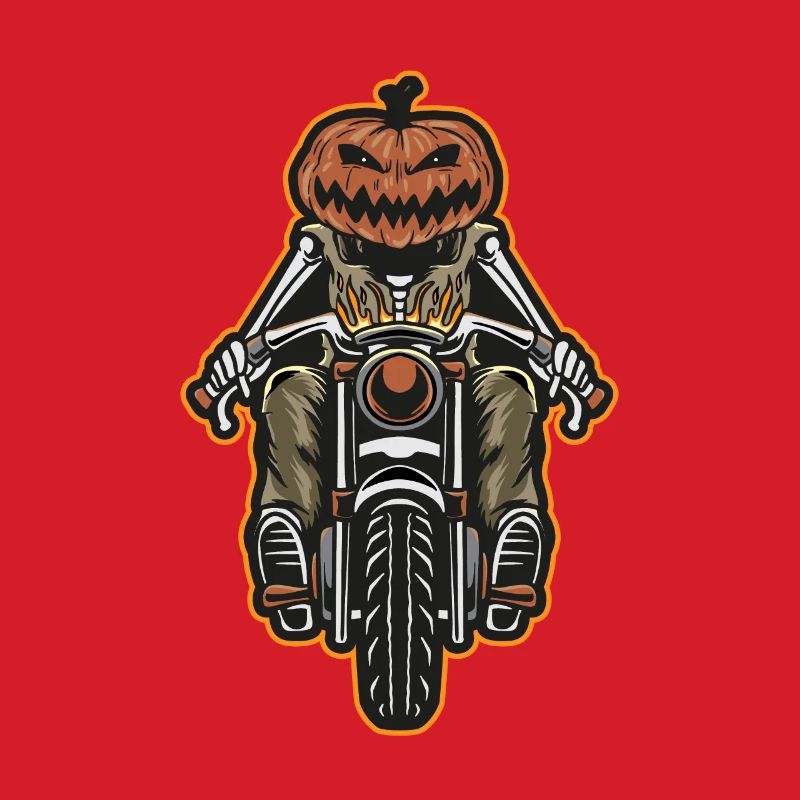 Skeleton with pumpkin head riding a motorcycle -