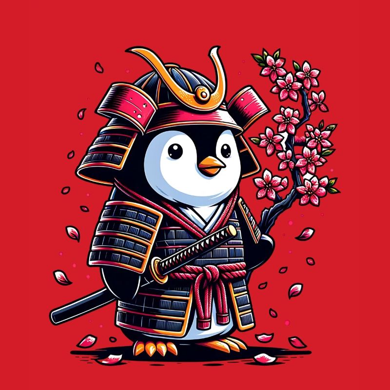 Samurai Pinguin mit Kirschblüten