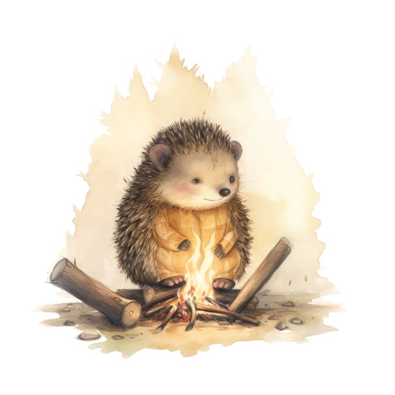 Ein süßer Igel vor einem Lagerfeuer