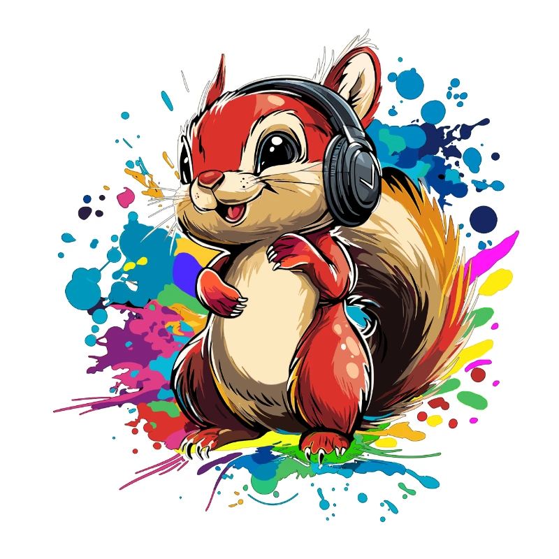 Farbenfrohes Eichhörnchen mit Kopfhörern, Musik
