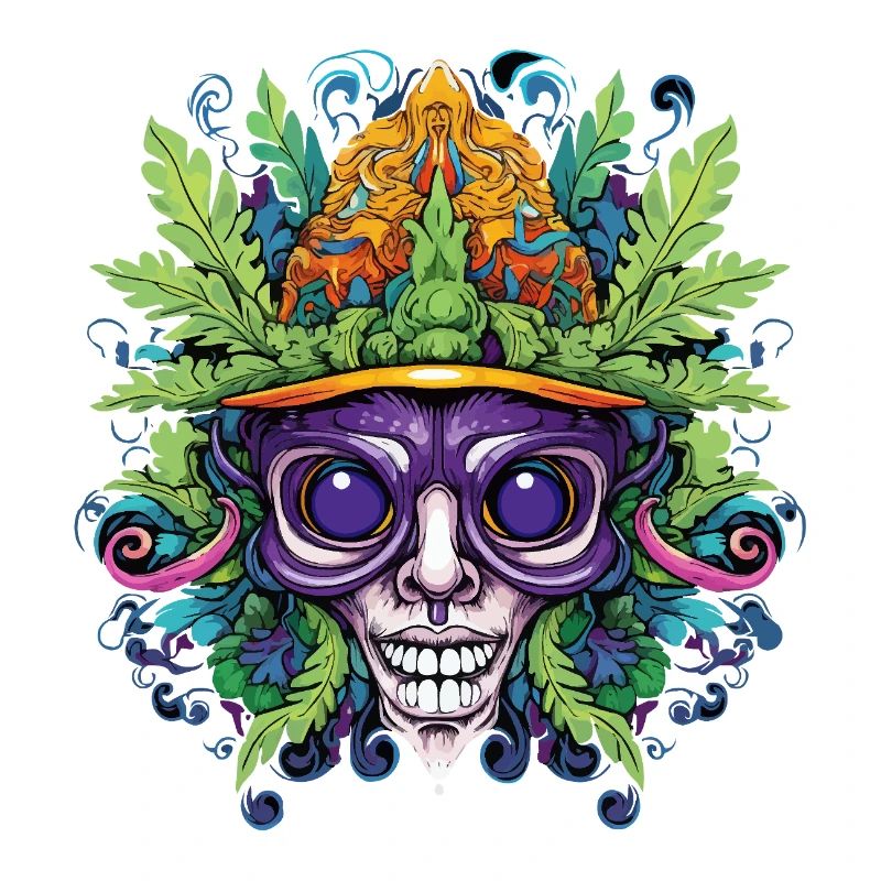 Psychedelic skull with leaf crown